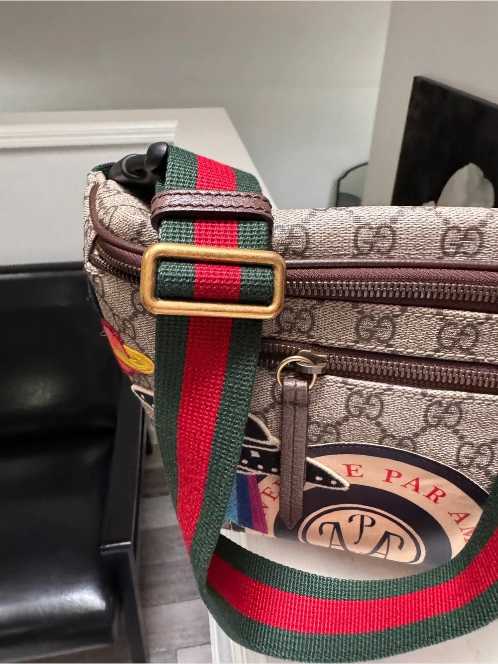 Gucci Beige GG Supreme Canvas Belt Bag with Multicolor Patches and Web Strap
